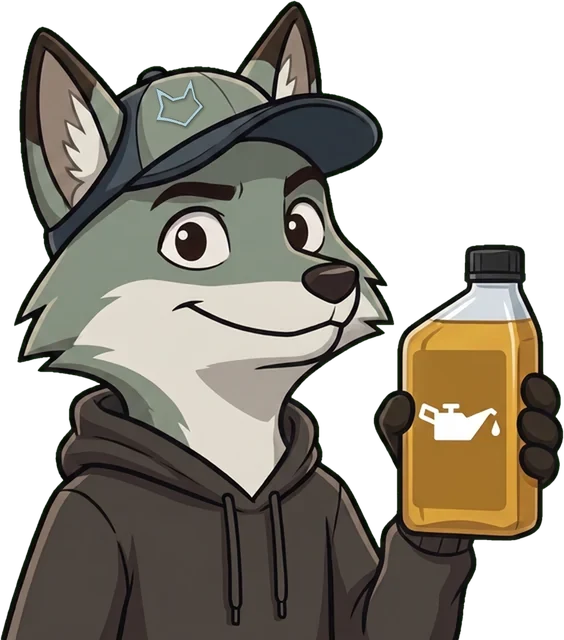 Rocky, the Tuned Yota mascot, holding a quart of oil