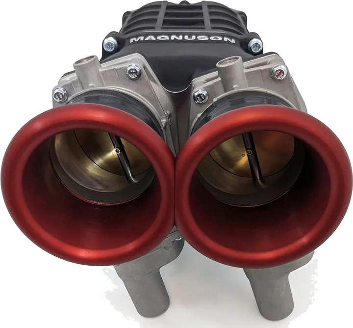 Magnuson S/A, Dual Throttle Inlet, With Dual Red Anodized Billet Aluminum 90mm Flutes